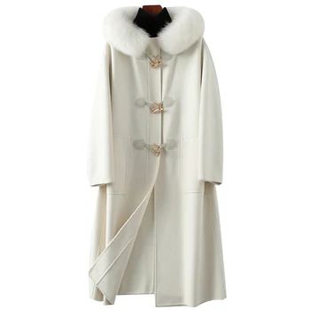 Hwitex Téli Női Gyapjú kabát 100% Gyapjú, Szőrme Kabátok Női Árok Róka Szőrme Gallér Minimalista Gyapjú kabát HW2084