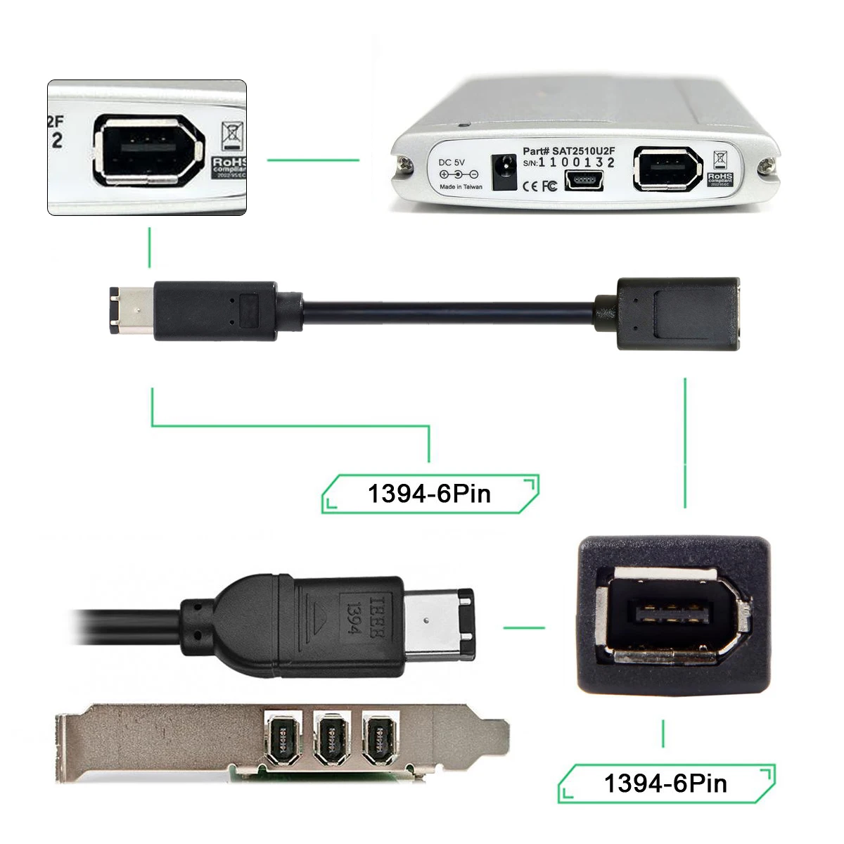 Cablecc IEEE 1394 6Pin Női Kiterjesztését Adatok Video Capture Kártya Firewire 400 400 Kábel, 20cm 1394a 6Pin Férfi