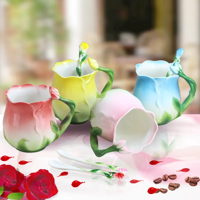 Európai Stílusú Zománc Kerámia Bögre, Kreatív, 3D-s Rózsa Virág Alakú Porcelán Lelkipásztori 4 Színben Reggeli Tej Csésze Kanál