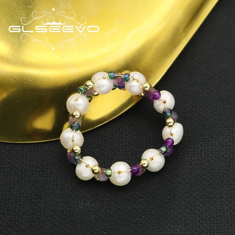 GLSEEVO Természetes Gyöngy Színes Üveg 18k Galván Arany Női Retro Luxe Gyűrűk Anyák Napja Esküvői Ajándék Testreszabható GR0312