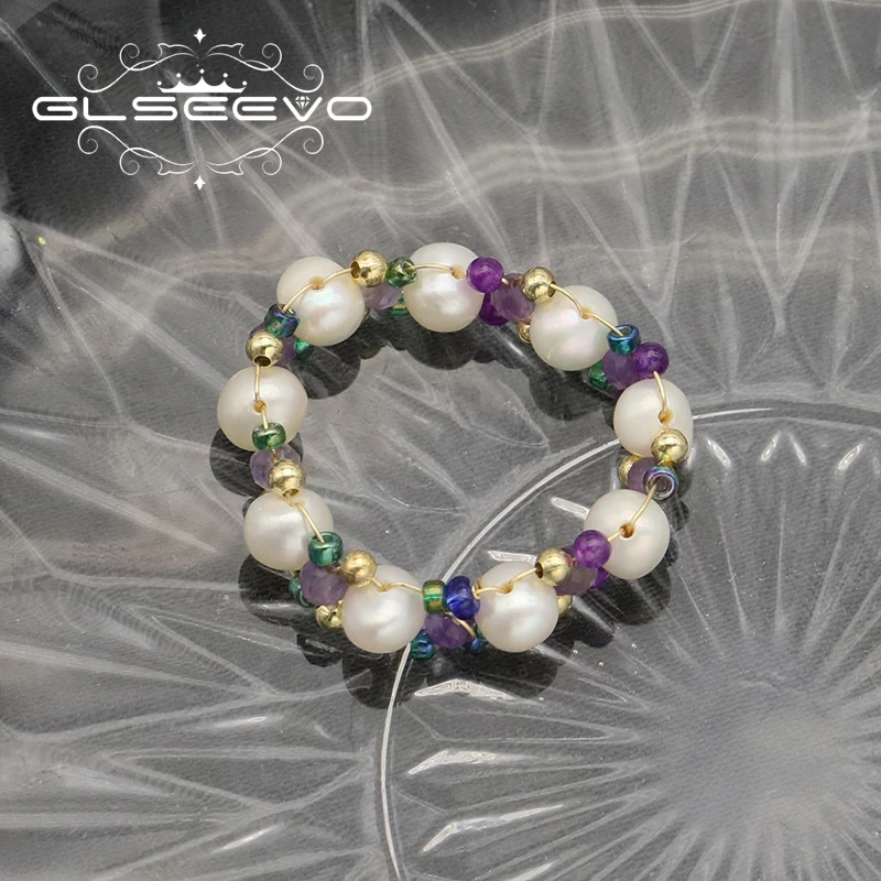 GLSEEVO Természetes Gyöngy Színes Üveg 18k Galván Arany Női Retro Luxe Gyűrűk Anyák Napja Esküvői Ajándék Testreszabható GR0312