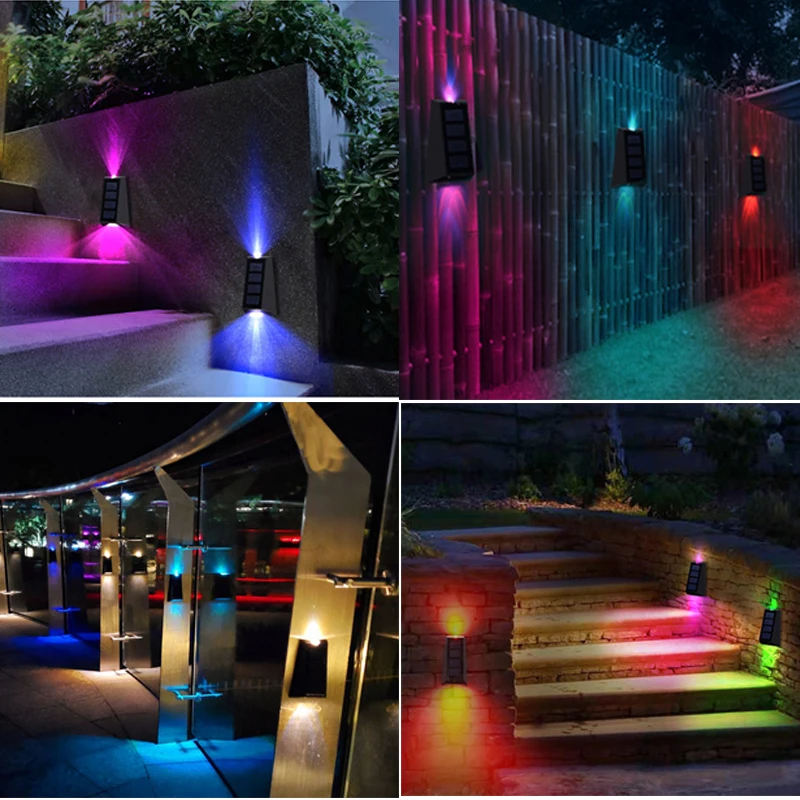Szolár Fali Lámpák Kültéri Kerítés Lámpák LED Vízálló Napenergia Lépcső Lámpák Fel-Le RGB 7 Szín Változó Külső Terasz Fények