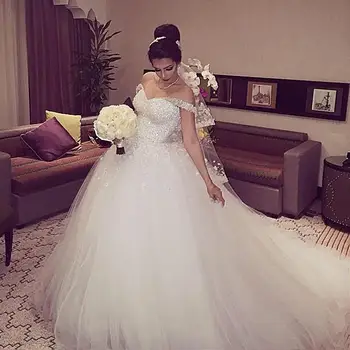 Esküvői Ruhák-Arábia Ball Ruha Le a Váll Kristály Gyöngyök, Virágok Hosszú Tulle Vestidos Plus Size Hivatalos Menyasszonyi Ruhák