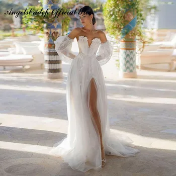Angelsbridep Szerény Appliqués Esküvői Dreses Hableány V-Nyak Levehető Ujjú Osztott Arab Nők Elegáns Brida Ruhák Vestidos