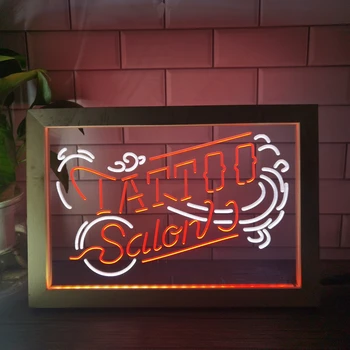 Tetováló Szalon Beltéri Bár kétszínű Led Neon Sign Képkeret, Kreatív asztali Lámpa Hálószoba Asztal Fa 3D Éjjeli Lámpa