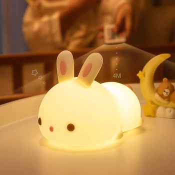 LED-es Éjszakai fény a gyerekek aranyos, puha Szilikon nyúl Nyuszi lámpa USB Újratölthető Érintés Érzékelő Távirányítóval 16 Szín