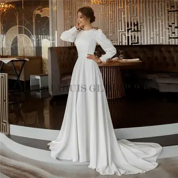 Fehér Hosszú Ujjú Esküvői Ruhák Egyszerű Szatén Vestido De Noiva Muszlim Menyasszonyi Ruhák Dubai Vissza Gombot Köntöst, De Mariée