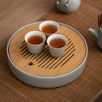 Kerek Tea Tálca Bambusz Kínai Dekoráció Kerámia Teáskanna Alap Nappali Szürke Tálcák Kung Fu Tea Szertartás Meghatározott