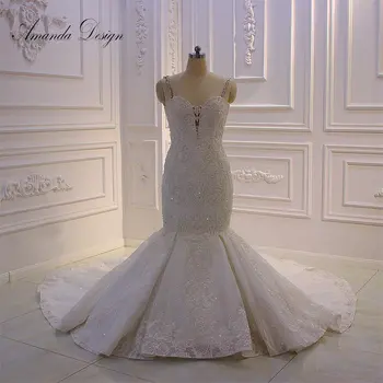Amanda Design vestidos de novias elegante Spagetti Hevederek Kézimunka Luxus Sellő Esküvői Ruha