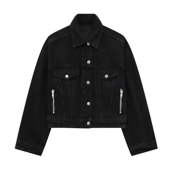 A Nő Divat Fekete Laza Farmer Dzseki 2023 Lányok High Street Nagyméretű Zseb Kabátok Női Király Egysoros Outwear
