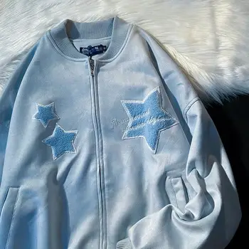 Csillag Levelet Hímzett Kabát Női High Street Vintage Özönlöttek Kabát Női Laza Alkalmi Baseball Ruhák, Női Kabátok, Felsők