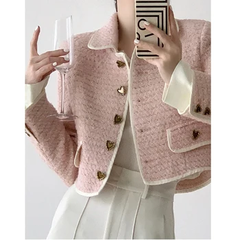 Rózsaszín Tweed Kabát Női Luxus 2023 Őszi Téli Elegáns Divat, Elegáns Szerelem Gombot Temperamentum Rövid Kabát Felsők, Női Felsőruházat