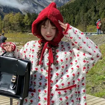 Évjárat Virág, Bárány Gyapjú Kabát Női koreai egysoros Kapucnis Kabát Téli Kabát, Meleg Teddy Kabát Női Laza Outwear