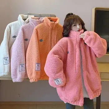 A Koreai Stílus Laza Plüss Kabát Női 2023 Téli Cipzár Bárány Gyapjú Kabát Nő Rózsaszín Santd Gallér Meleg Kabát Női Felső