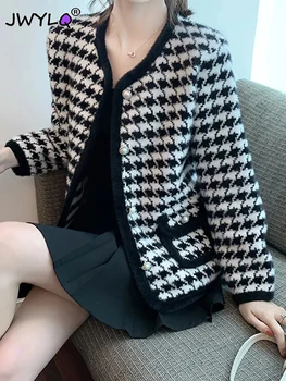 2023 Őszi Téli O-nyak houndstooth minta Nyomtatás Női Ruha Elegáns Laza, Hosszú Ujjú Mink Fleece Kabátok Új koreai Streetwear Felső