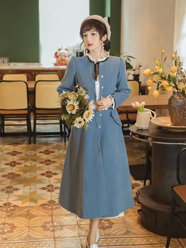 Elegáns Stílus francia Kabát Dzseki Klip Pamut koreai Csipke Stand-up Gallér Íj Édes Alkalmi Kabát Női Retro Kék Gyapjú Kabát Hölgy