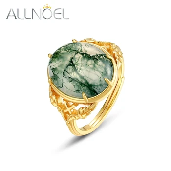 ALLNOEL Természetes 10*13 mm-es Zöld Moha Achát Gyűrű 925 Ezüst Női Egyedi Drágakő Gyógyító Ékszer Aranyozott Ajándékok