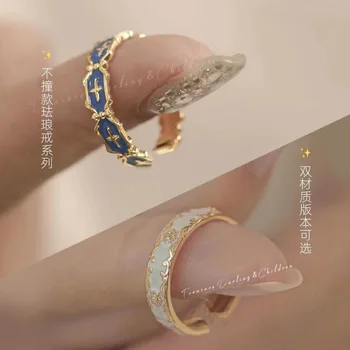 Zománcozott fehér mintás gyűrű Kereszt, Kék Máz gyűrű Csepp olaj design koreai változata a női gyűrű jegygyűrű Nemzeti stílus
