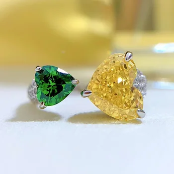 Új Sárga Gyémánt Szín Kontraszt Zöld Szív Alakú, 8 * 10 Jeget Vágni A Magas Szén-Dioxid-Gyémánt Gyűrű Női Luxus Teljes Gyémánt