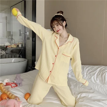 Pizsama koreai bőr-barát cotton pure color egyszerű otthoni szolgáltatás öltöny klasszikus alkalmi hálóruházat, két darab sárga hálóruha új